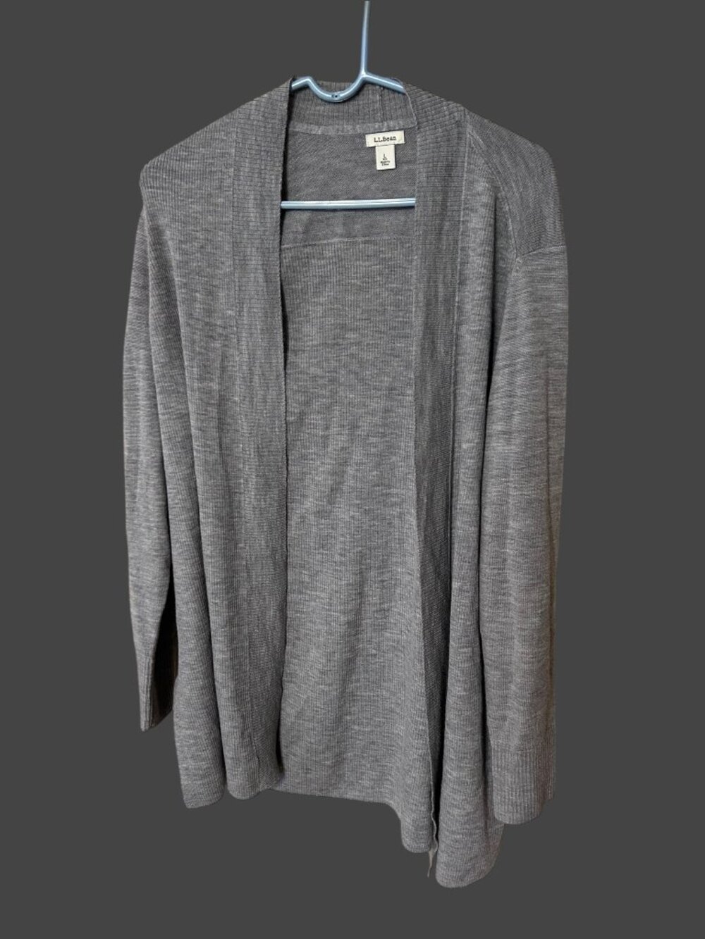 L.L.Bean Women's Large 100% Merino Wool Gray Open Front Long Cardigan Sweater
